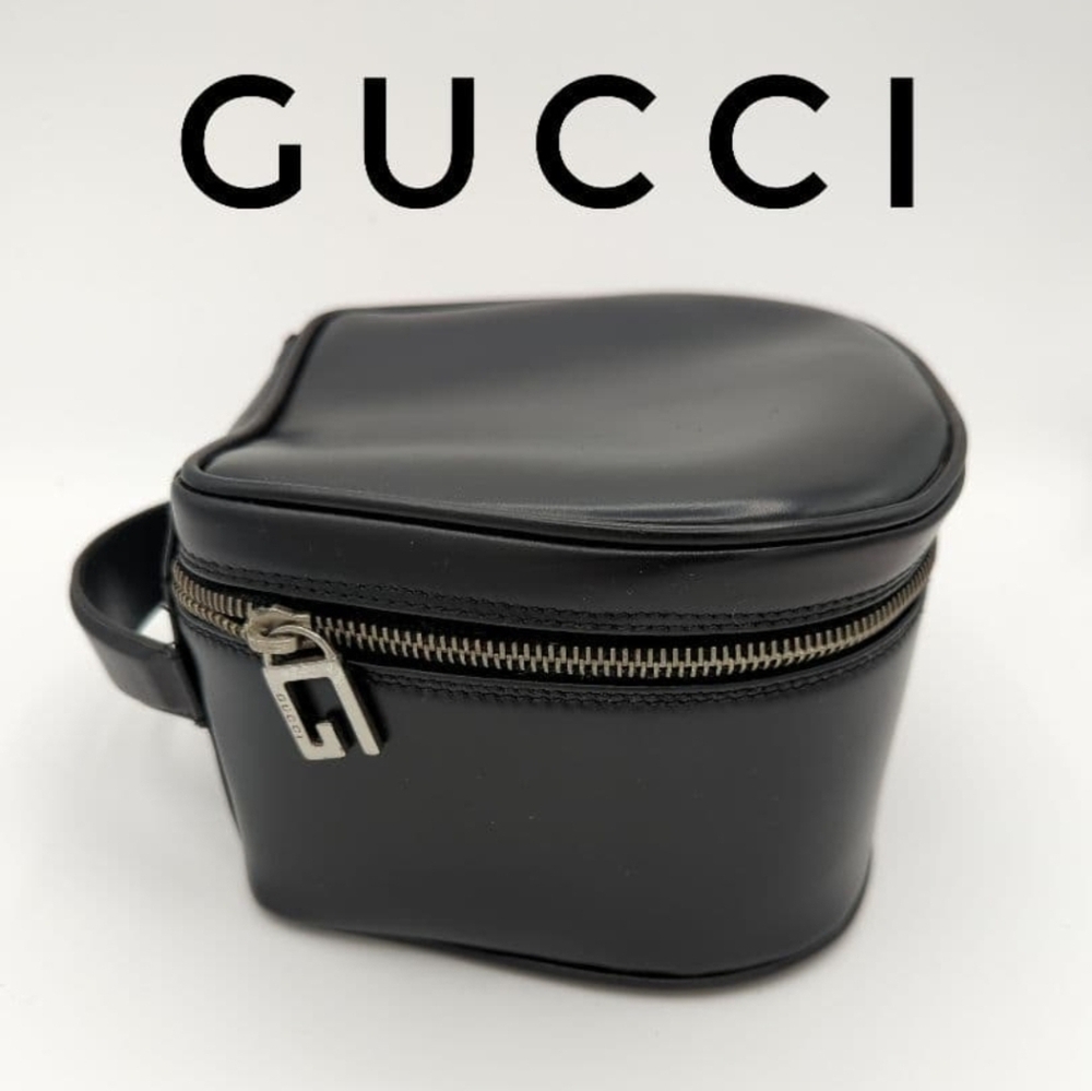 Gucci G ZIPPER Leather Black/Silver JEWELRY & MAKEUP Authentic VINTAGE Bag